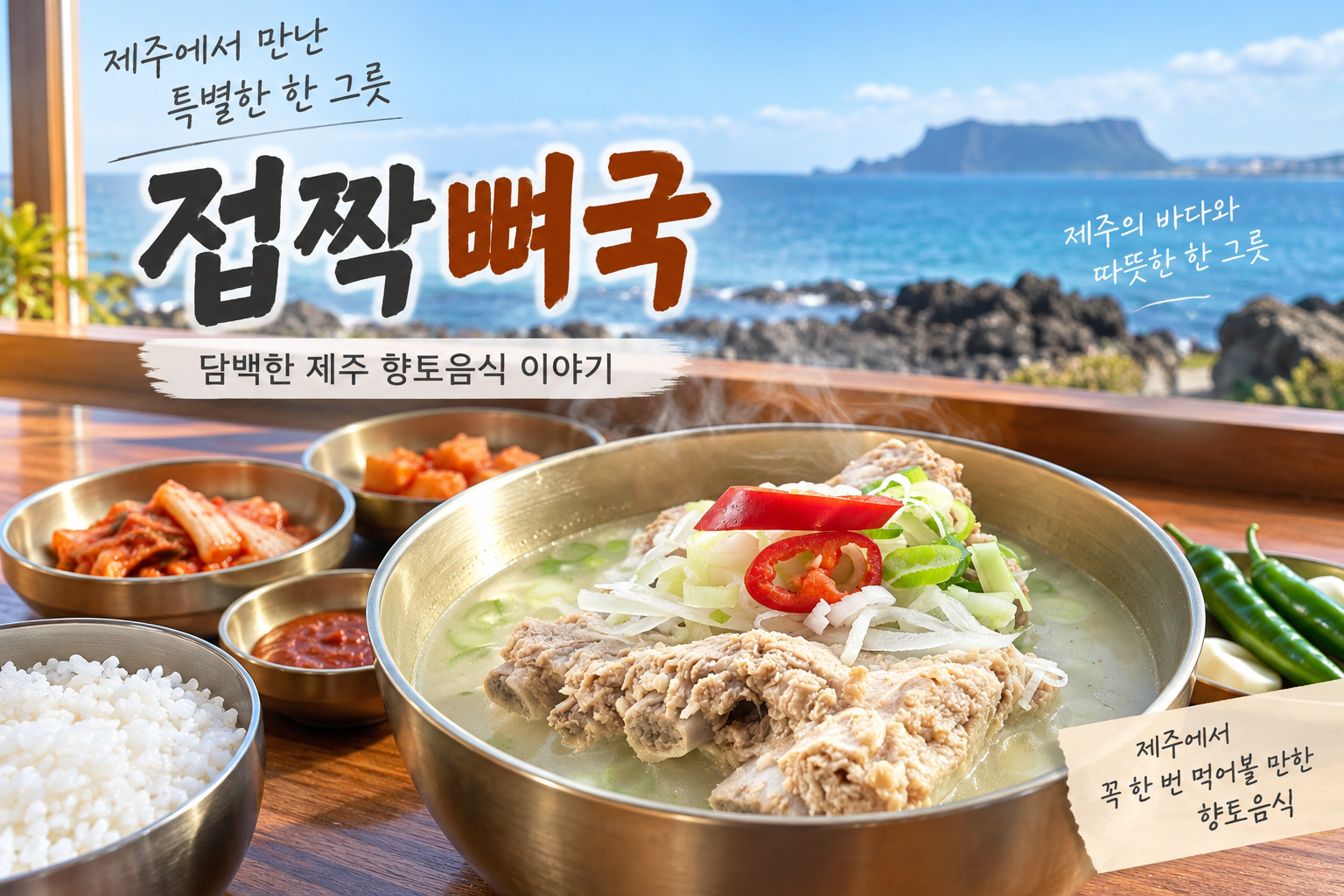 제주 향토음식 접짝뼈국의 뽀얀 국물과 큼직한 돼지뼈