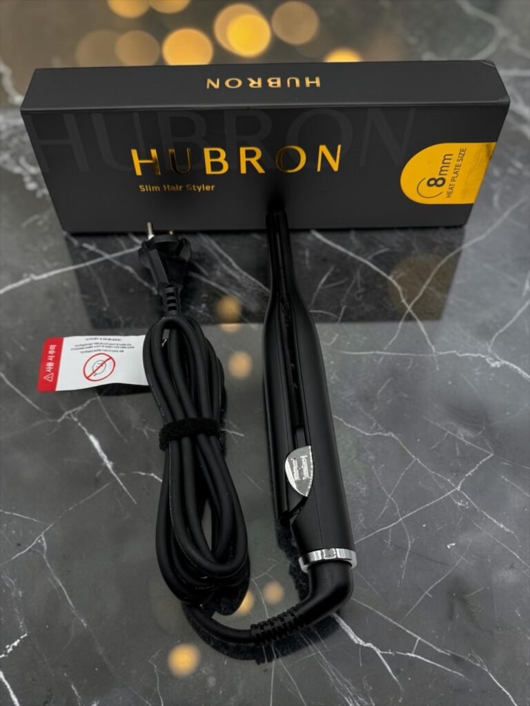 HUBRON 슬림 고데기 8mm 제품 패키지와 유선 본체