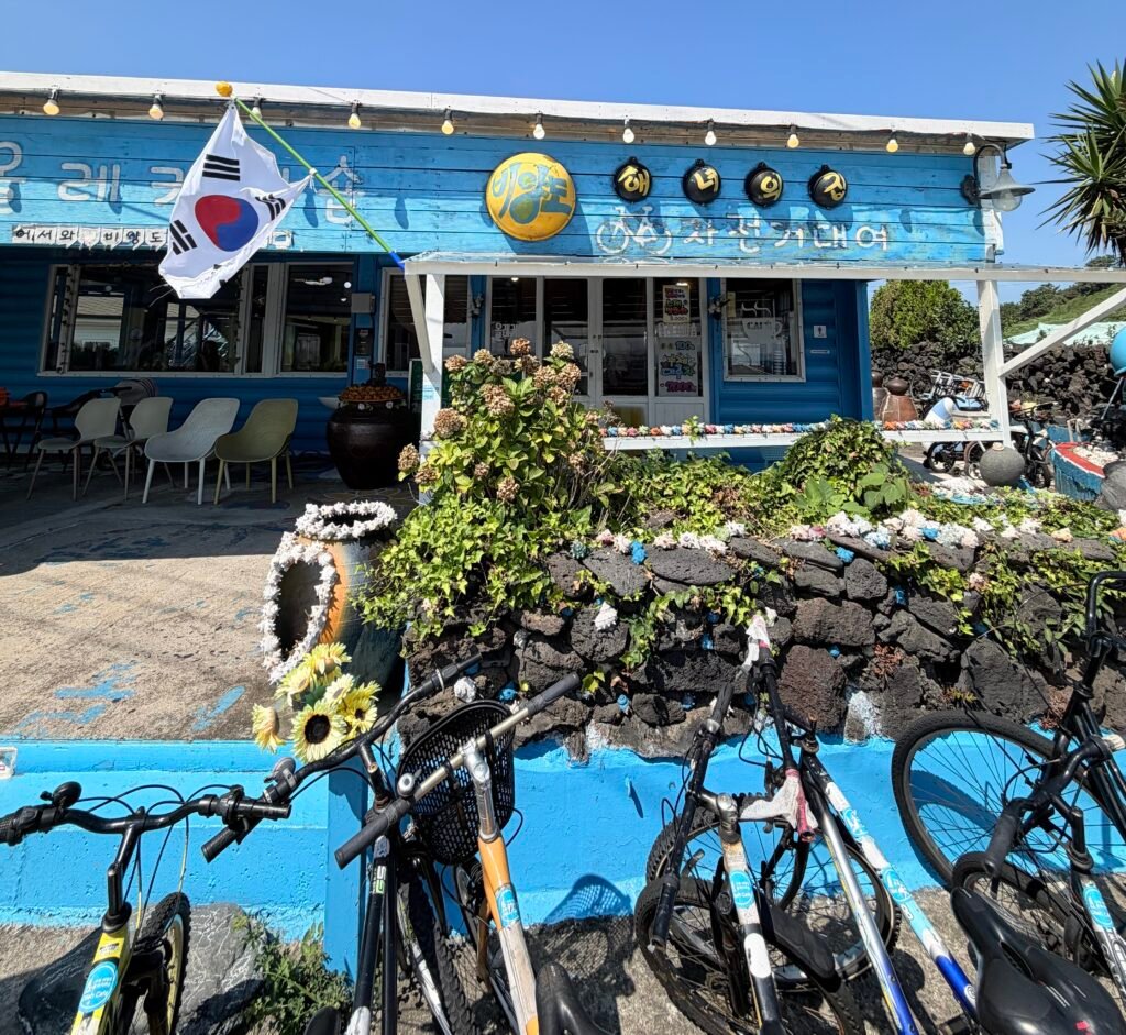 제주 비양도 올레커피숍 무료 자전거와 곰돌이 장미 모양 얼음